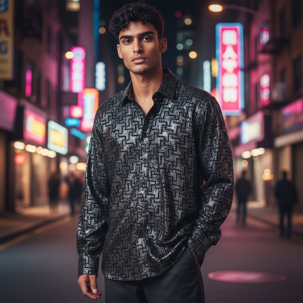 Men's Floral Black Velvet Silver Metallic Geometric Button Up Long-sleeve Shirt